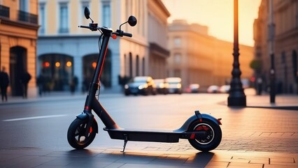 Electric scooters parked on the sidewalk, available for rent on a city street. City life concept. Eco-friendly urban transport.