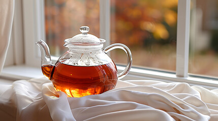 Glass teapot with hot tea on windowsill, closeup