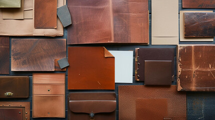 Collection of leather wallets for sale in a shop. Top view.