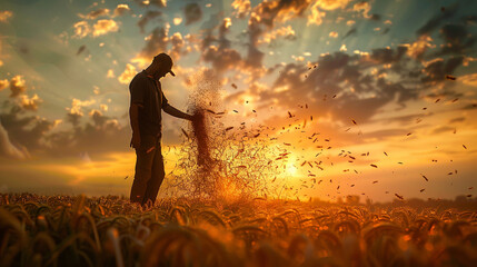 a farmer scattering seed, biblical times, epic, golden hour,