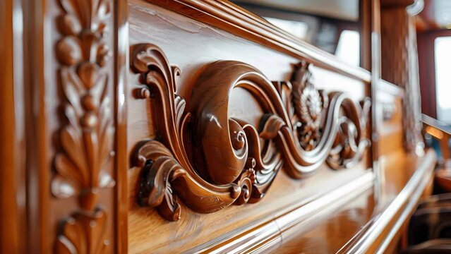 The intricate woodwork surrounding the yachts windows is a testament to masterful carpentry with each panel precisely and curved to fit perfectly in place. The intricate scrollwork