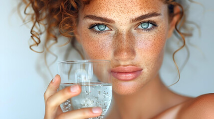 Portrait of a beautiful young woman with glass of pure water.