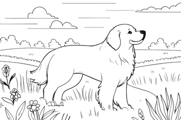 Dog coloring book. mountain view, grass field  for kids. vector