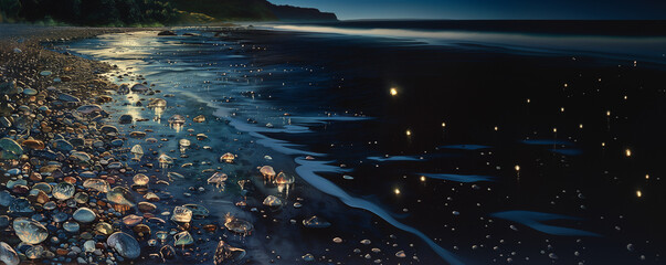 Panoramic seascape. Sea shore at night.
