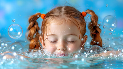 Portrait of a cute little girl in the swimming pool with bubbles
