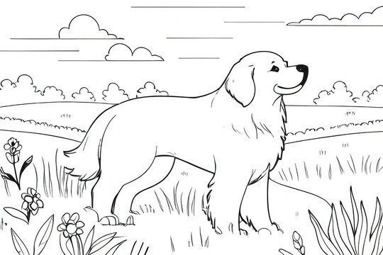 Dog coloring book. mountain view, grass field  for kids. vector