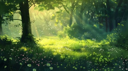 Enchanting Sunlit Forest Glade with Vibrant Green Foliage and Delicate Wildflowers - obrazy, fototapety, plakaty