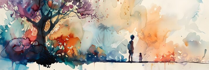 Enchanting Watercolor Landscape Painting of a Mysterious Silhouetted Figure on a Dreamlike Path through a Whimsical,Colorful Forest