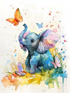 Enchanting Watercolor Elephant and Butterflies in a Fantastical Landscape