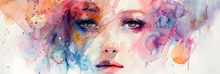 Expressive Watercolor Portrait of Enigmatic Female Face with Ethereal Brushstrokes and Vibrant Color Splashes - obrazy, fototapety, plakaty