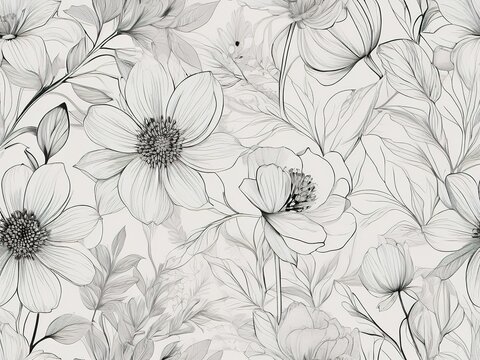 Seamless Line Pattern Flowers. Linear floral seamless pattern. Vector illustration