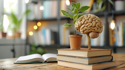 Human brain and books on wooden table, closeup. Idea concept