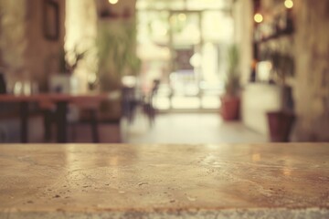 Empty stone table with Vintage filtered blurred coffee shop interior background space banner for display or montage products - obrazy, fototapety, plakaty