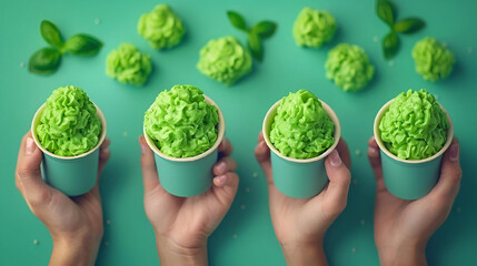 hands holding green ice cream cones on green background, top view