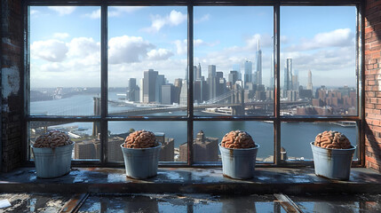 brains growing in pots on New York City Manhattan panorama background