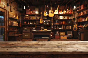 Fotobehang Muziekwinkel Empty wooden counter with interior music shop background