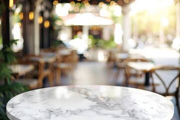 space banner for display or montage products white marble table with blur cafe background