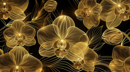Luxury orchid seamless pattern background vector. Golden orchid line arts design for wedding, backdrop, wallpaper, banner, card, cover, texture. Vector illustration, black background. Golden orchids.