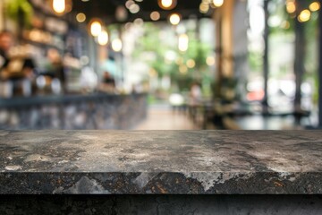 stone table with blurred coffee shop interior space banner for display or montage products