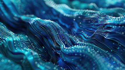 abstract background with line wave - Digital Wave of Blue Particle Network, a network of particles, symbolizing connectivity and data flow