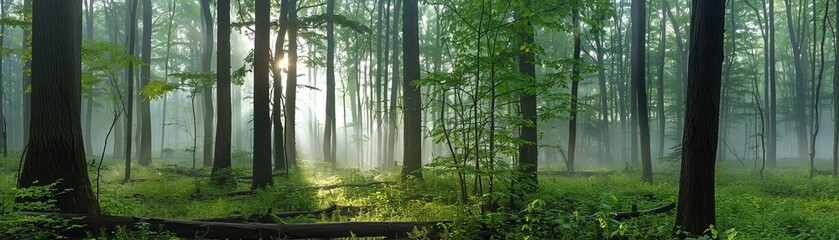 Forest bathing group, Earth Day mindfulness, serene woods, soft morning mist, panoramic