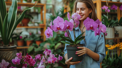 Happy woman smelling blooming purple orchid holding pot. Young girl gardener taking care of home...
