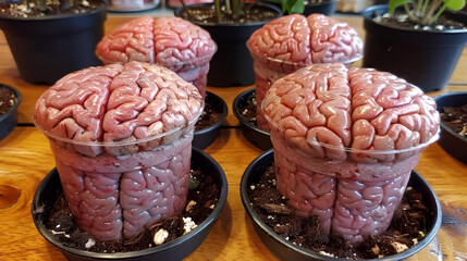 Human brain in plastic pots on a wooden table,