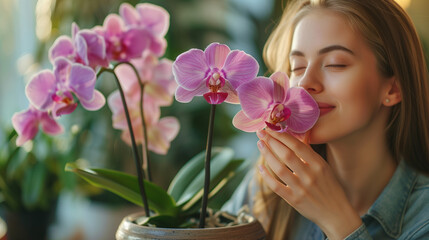 Happy woman smelling blooming purple orchid holding pot. Young girl gardener taking care of home plants and flowers enjoying hobby, Beautiful woman taking care of flowers. Smiling woman holding flower
