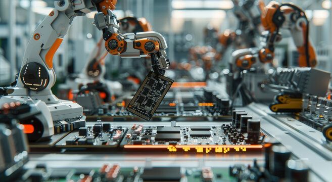 A photo of an advanced technology production line with robotic arms working on electronic components