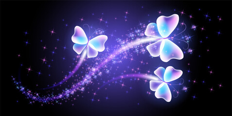 Magic butterflies with fantasy sparkle and blazing trail and glowing stars on night background