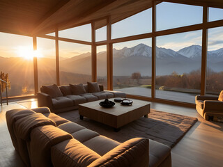 Gernerative KI Wohnzimmer mit großen Fenstern im Hintergrund Berge bei Sonnenaufgang Sonnenuntergang