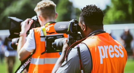 Photo of two sports photographers wearing high visibility vests holding cameras and taking photos at the sidelines on an outdoor football field - obrazy, fototapety, plakaty