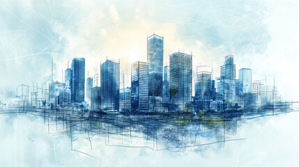 Background image with drawings of modern city.