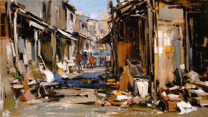 Urban slums, Loosely abstract painting, Stylized digital art painting.
