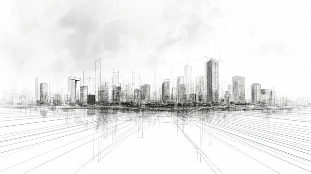 Background image with drawings of modern city.