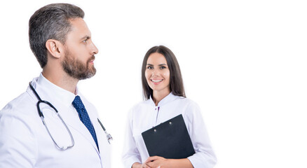 doctor hold medical prescription. doctor internist with clipboard isolated on white. prescriber physician with nurse. prescription. medicine and healthcare. doctor at hospital. copy space banner - obrazy, fototapety, plakaty