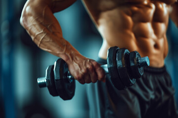 An attractive athletic man’s arm with dumbbells - obrazy, fototapety, plakaty