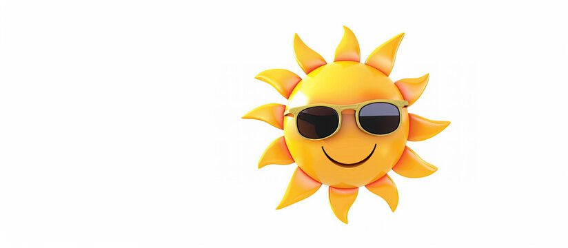 smiling 3D Sun with sunglasses over white. area for test or images on the left. Pool party invitation. Summertime icon