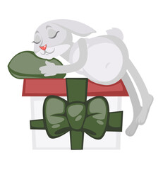 Rabbit character sleeping on big xmas present