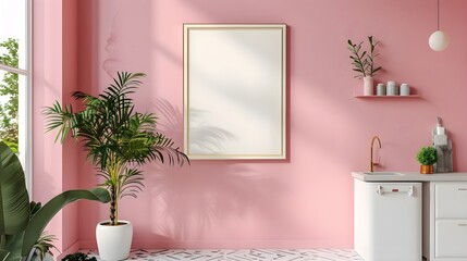 Mock up poster frame in pastel pink kitchen interior, 3d render , clean and simple design, natural lighting. For design, 3d render, decoration, lifestyle
