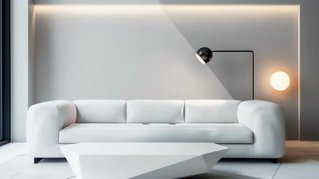 A living room featuring a white leather sofa a geometric white coffee table and minimalistic black lighting fixtures. . .