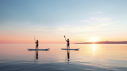 Couple paddleboarding at sunset, calm sea, silhouette, warm hues, peaceful, side viewFuturistic
