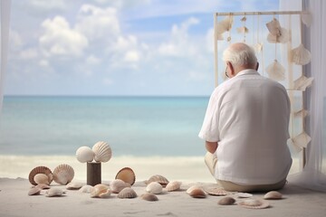 Elderly person reminiscing with old seashell collection, beach backdrop, side angle, nostalgic moodFuturistic