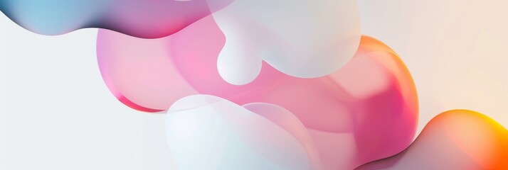 Colorful translucent spheres and shapes on gradient background. Soft, pastel-colored spheres with varying opacity overlap on a smooth blue to pink gradient backdrop, creating a dreamy, ethereal vibe