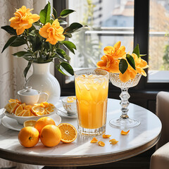 orange juice and flowers on table in summer days, summer drink orange juice on table beside flower and window, orange for summer