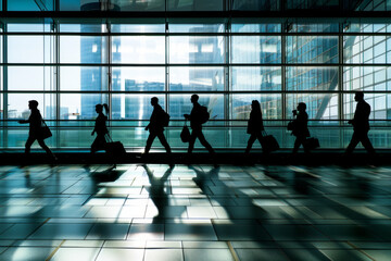 Silhouettes of business individuals within an office building