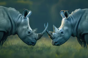 Rolgordijnen Two rhinos touching horns in green grass © Kien