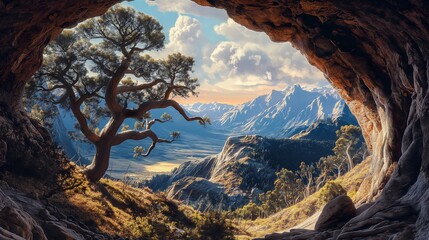 A cave in the mountains with an opening that reveals the outside world. Tree branches, hills and the sky. - obrazy, fototapety, plakaty