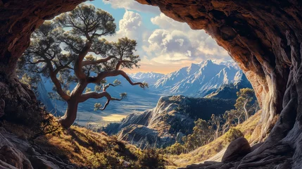 Fotobehang A cave in the mountains with an opening that reveals the outside world. Tree branches, hills and the sky. © naphat