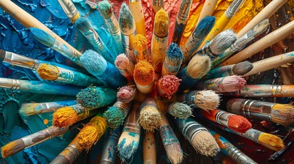 Obraz premium Illustrate a unique perspective looking up at paintbrushes, transforming them into vessels of emotion Depict a range of brushes each radiating a different color and energy